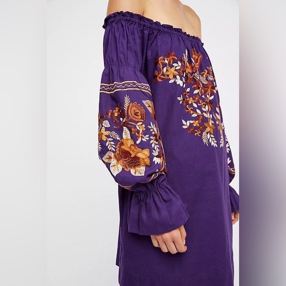 FREE PEOPLE FLEUR DU JOUR OFF-THE-SHOULDER EMBROIDERY DRESS PURPLE Sz L - Picture 13 of 13